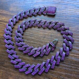 Moissanite Cuban Link Chain Necklace Wide Iced Out 16 Inches Long, Black/Purple
